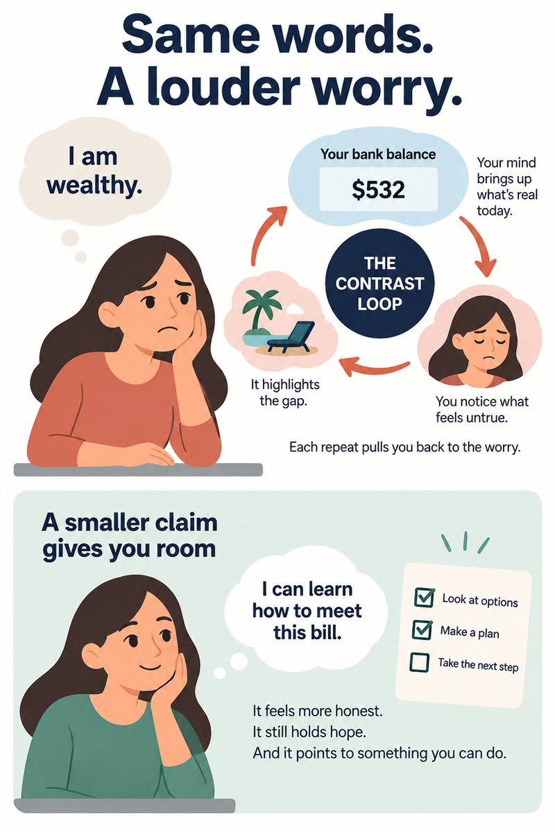 Illustration: saying I am wealthy makes the mind bring up the bank balance, highlighting the gap — the contrast loop. A smaller claim, I can learn how to meet this bill, feels more honest and still holds hope.