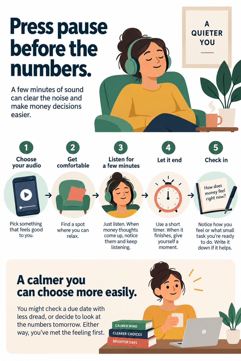 Illustration: press pause before the numbers. Five steps — choose your audio, get comfortable, listen for a few minutes, let it end, check in with how money feels.