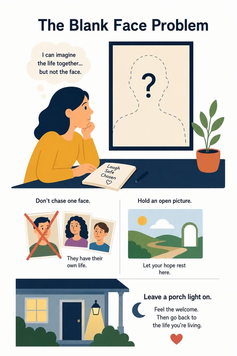 Illustration: the Blank Face Problem — I can imagine the life together, but not the face. Don't chase one face; hold an open picture; leave a porch light on.