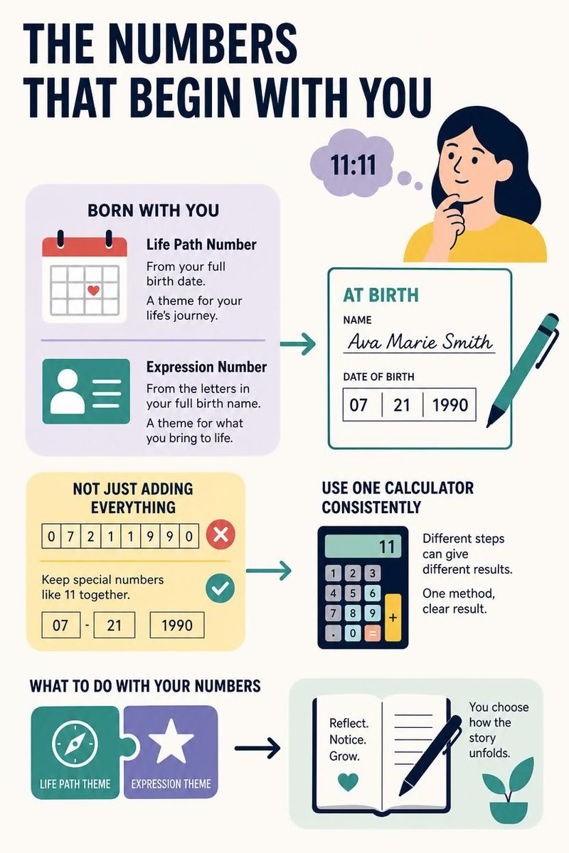 Illustration: the numbers that begin with you — your Life Path number comes from your full birth date and your Expression number from the letters of your full birth name.
