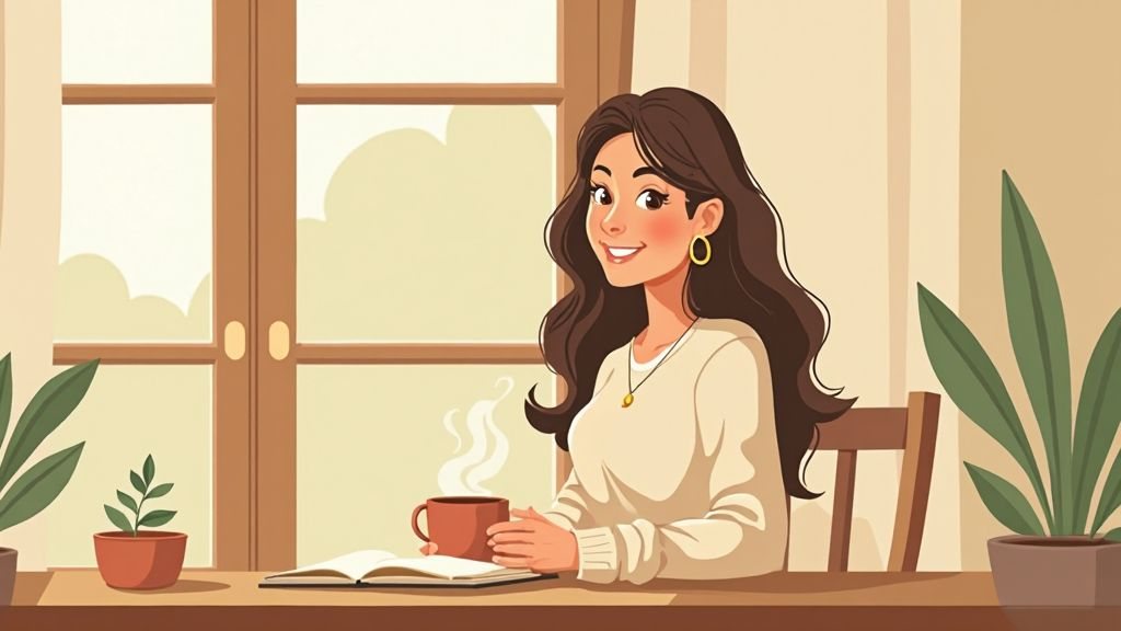 Illustrated Willow, a warm woman with long dark wavy hair and a cream sweater, smiling at her kitchen table with a mug of tea and an open notebook.