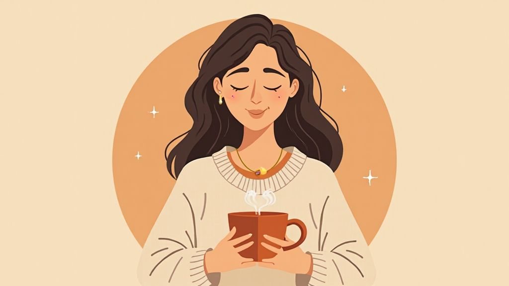 Illustrated Willow with eyes gently closed and a peaceful smile.
