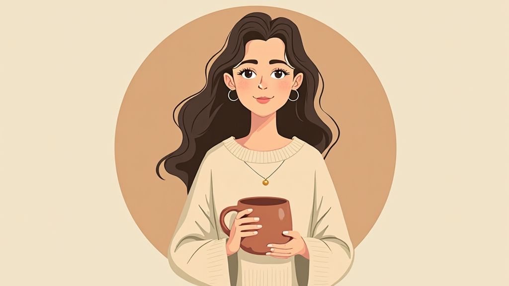Illustrated portrait of Willow smiling, with a small gold moon necklace.